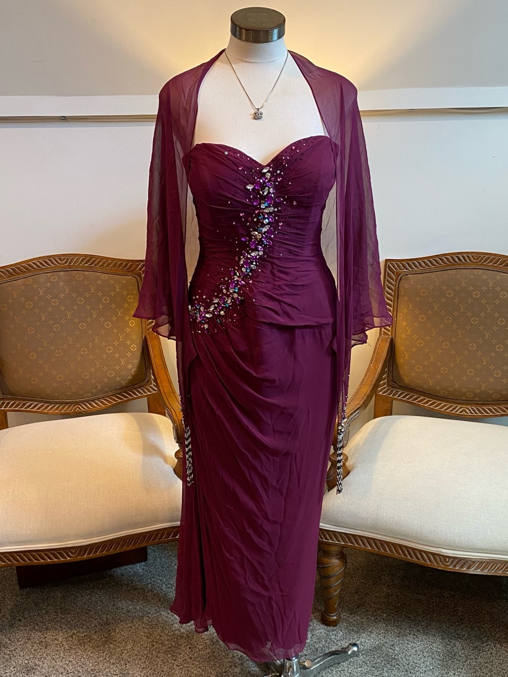Vintage 90s Mon Cheri 100% Silk Plum Strapless Beaded Evening Gown 10 with Shawl